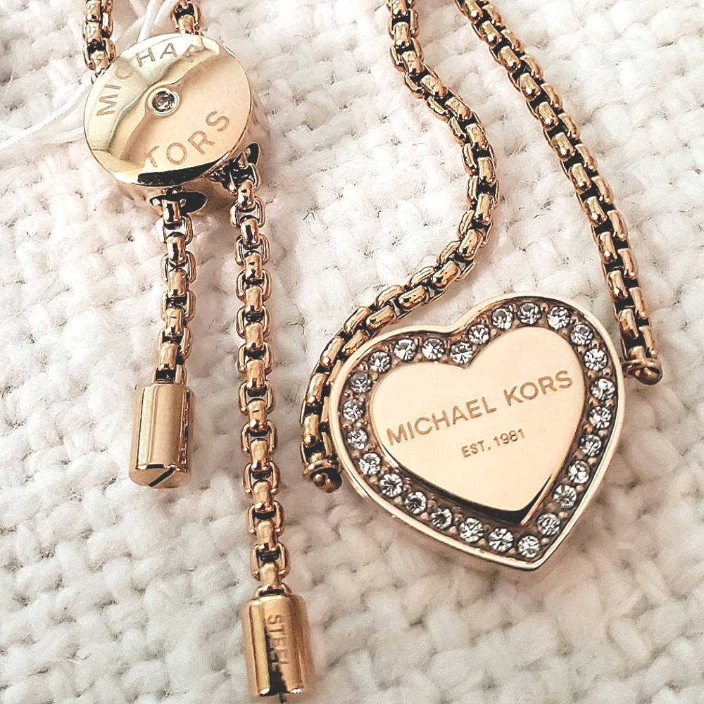 Michael Kors MK Bracelet NWT Rose Gold Pave Crystals Heart Heritage Collection